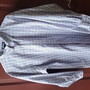 Lands'End blue orange plaid  no iron supima cotton traditional fit  16.5x 32